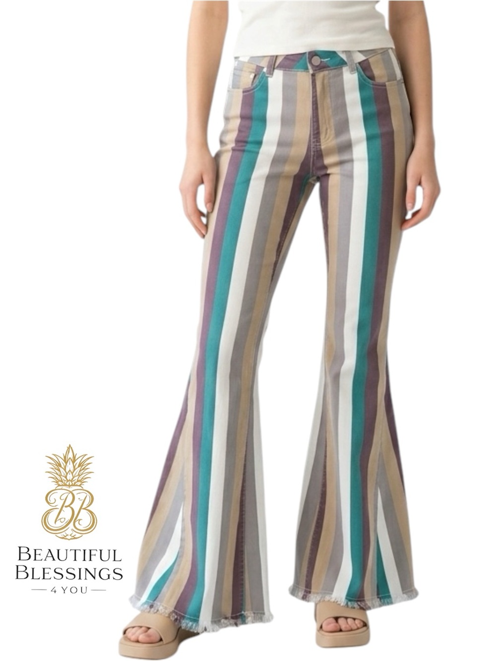 Saints & Hearts Striped Flare Jeans Boho Bell Bottom Raw Hem Retro Pants - S